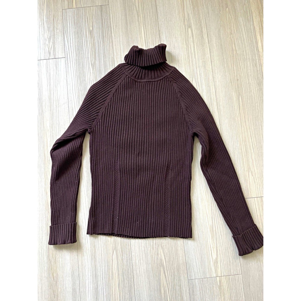 Context Brown Solid Ribbed Knit Turtleneck Raglan Pullover Sweater Sz PM Y2K 90s